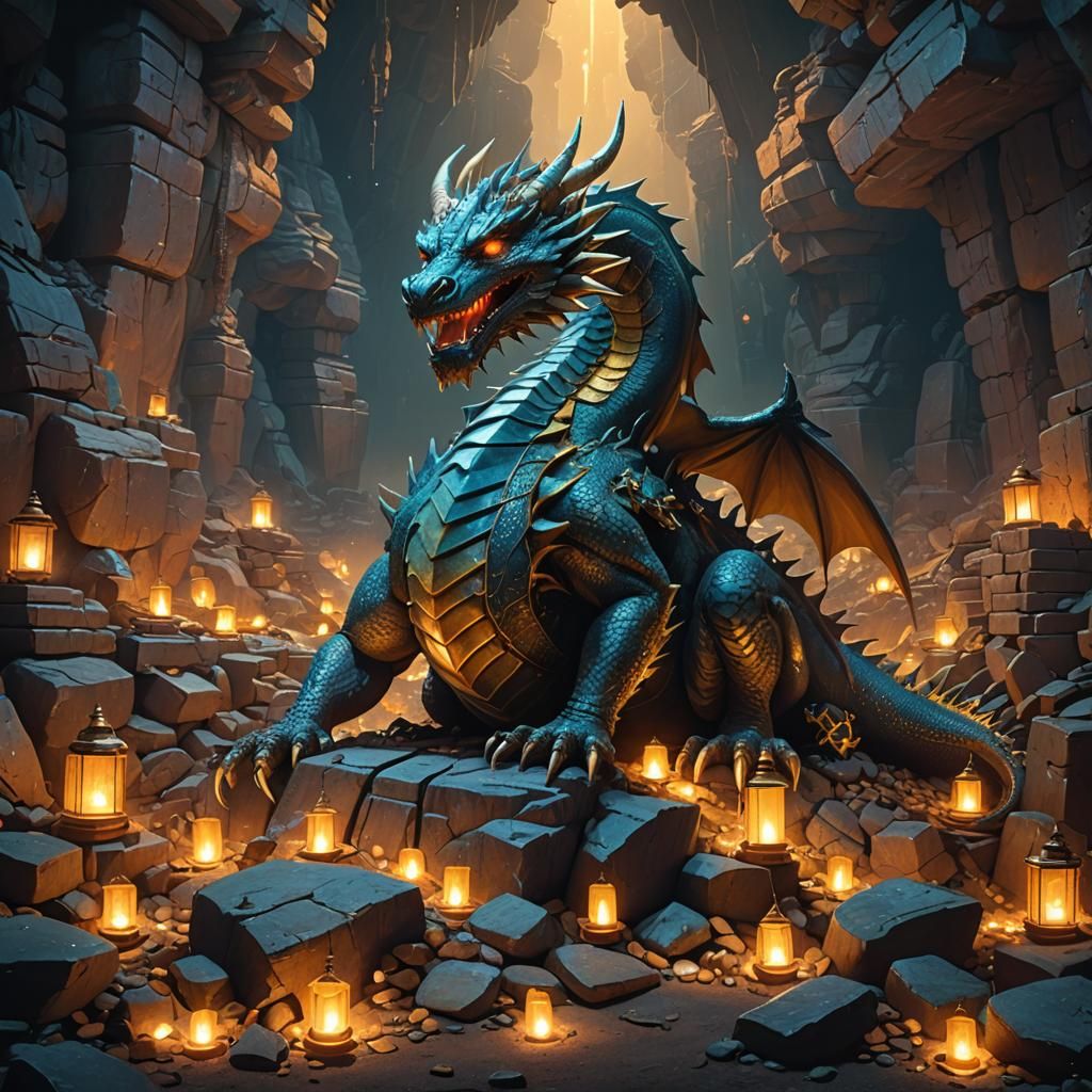 Dragon on Treasure Pile in Mystical Cavern