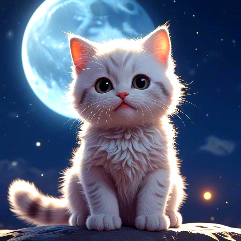 Whimsical Kitten Under Moonlight