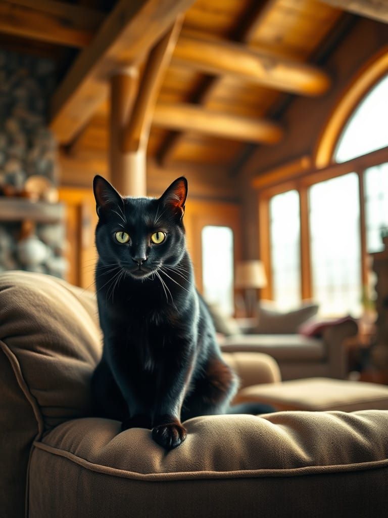 Enigmatic Feline Portrait in Cozy Cabin Setting