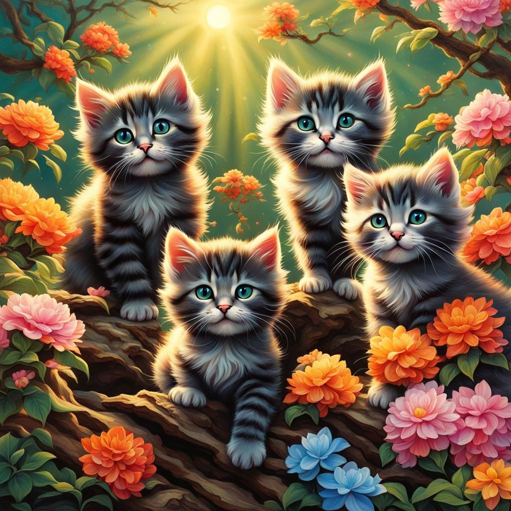 Kittens Playing Among Bonsai Trees: Photorealistic Digital A...