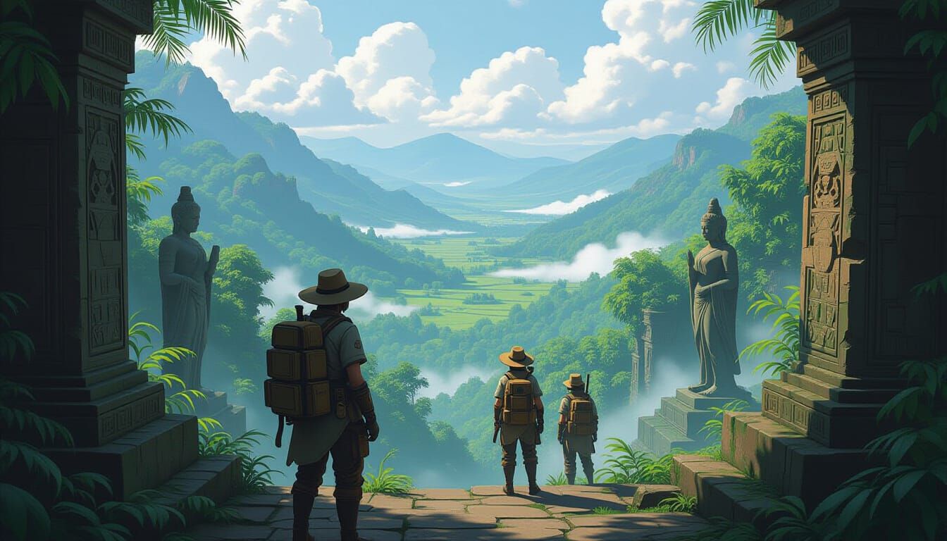 Explorers in Misty Jungle with Ancient Statues
