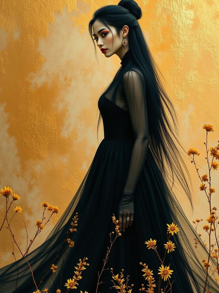 Enchanting Pin-Up Woman in Metallic Amber Paint