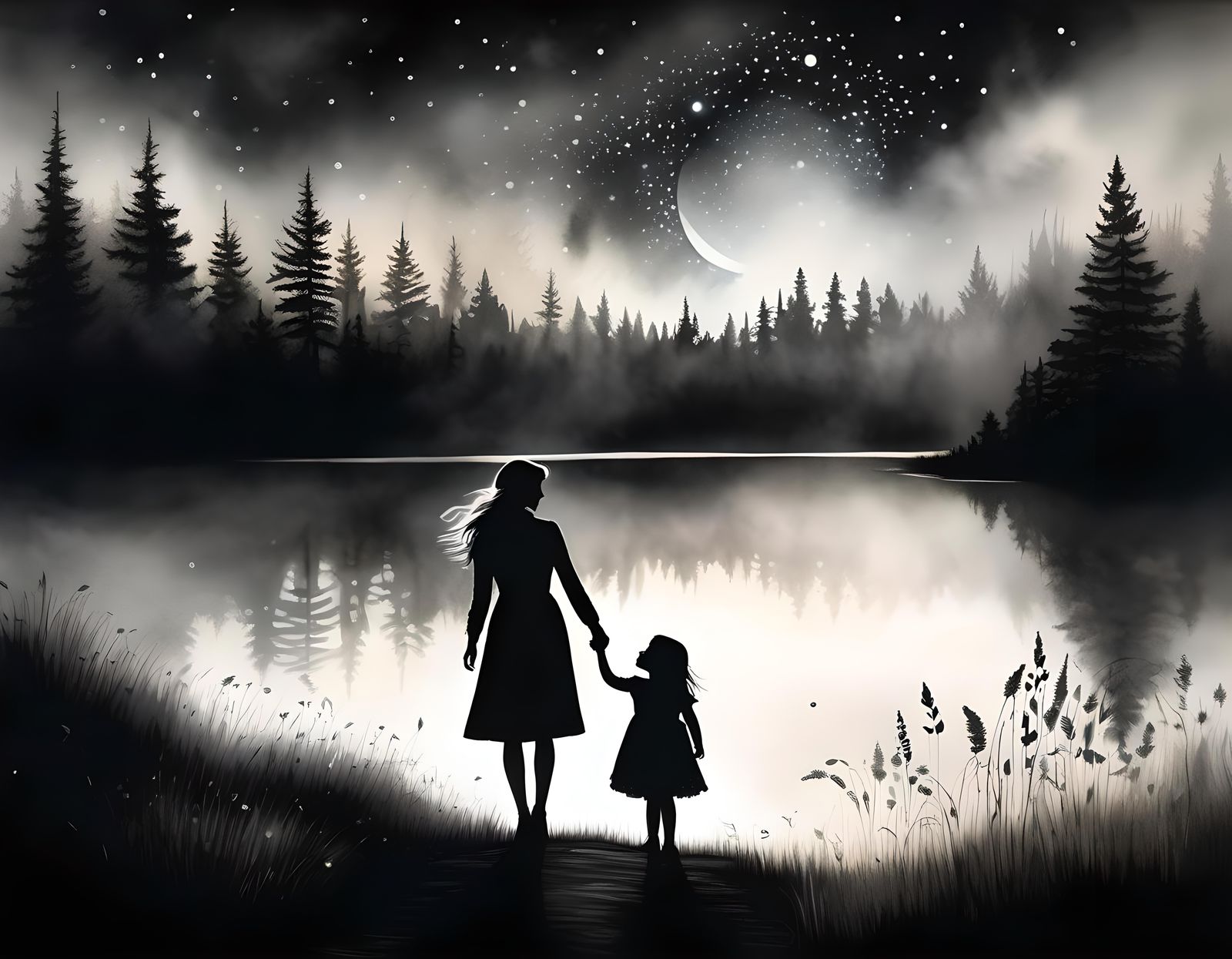 Mystical Silhouette: Woman and Girl in Enchanted Landscape