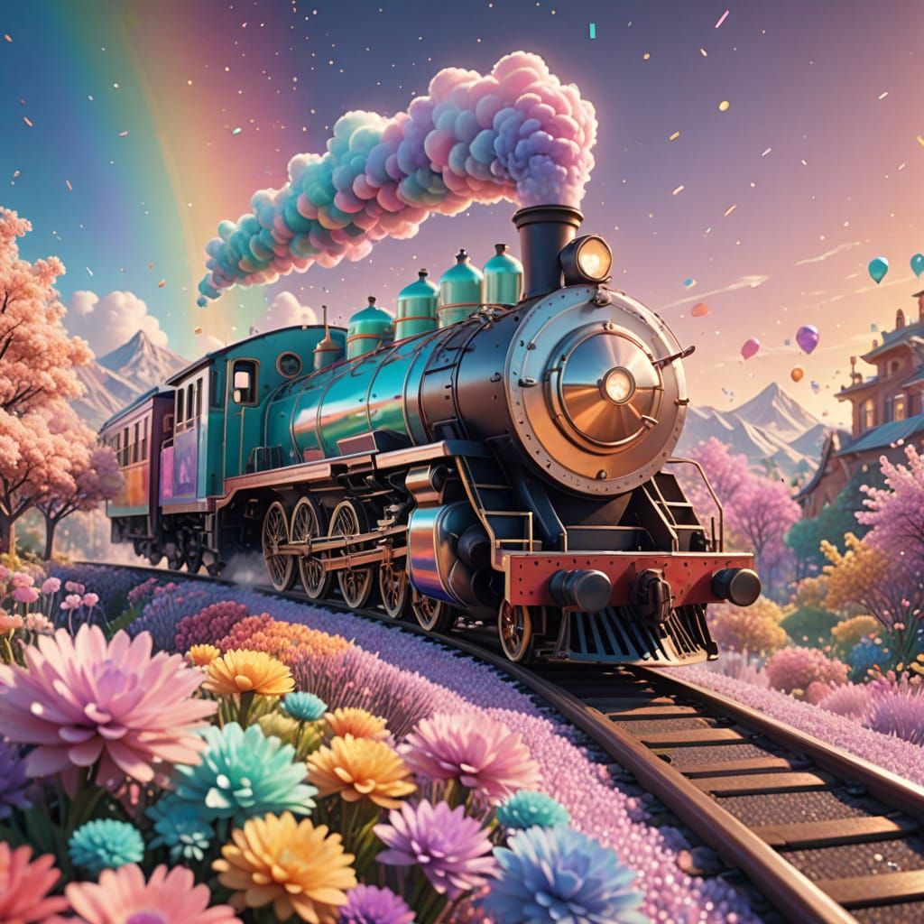 Whimsical Pastel Train Chugs Through a Rainbow