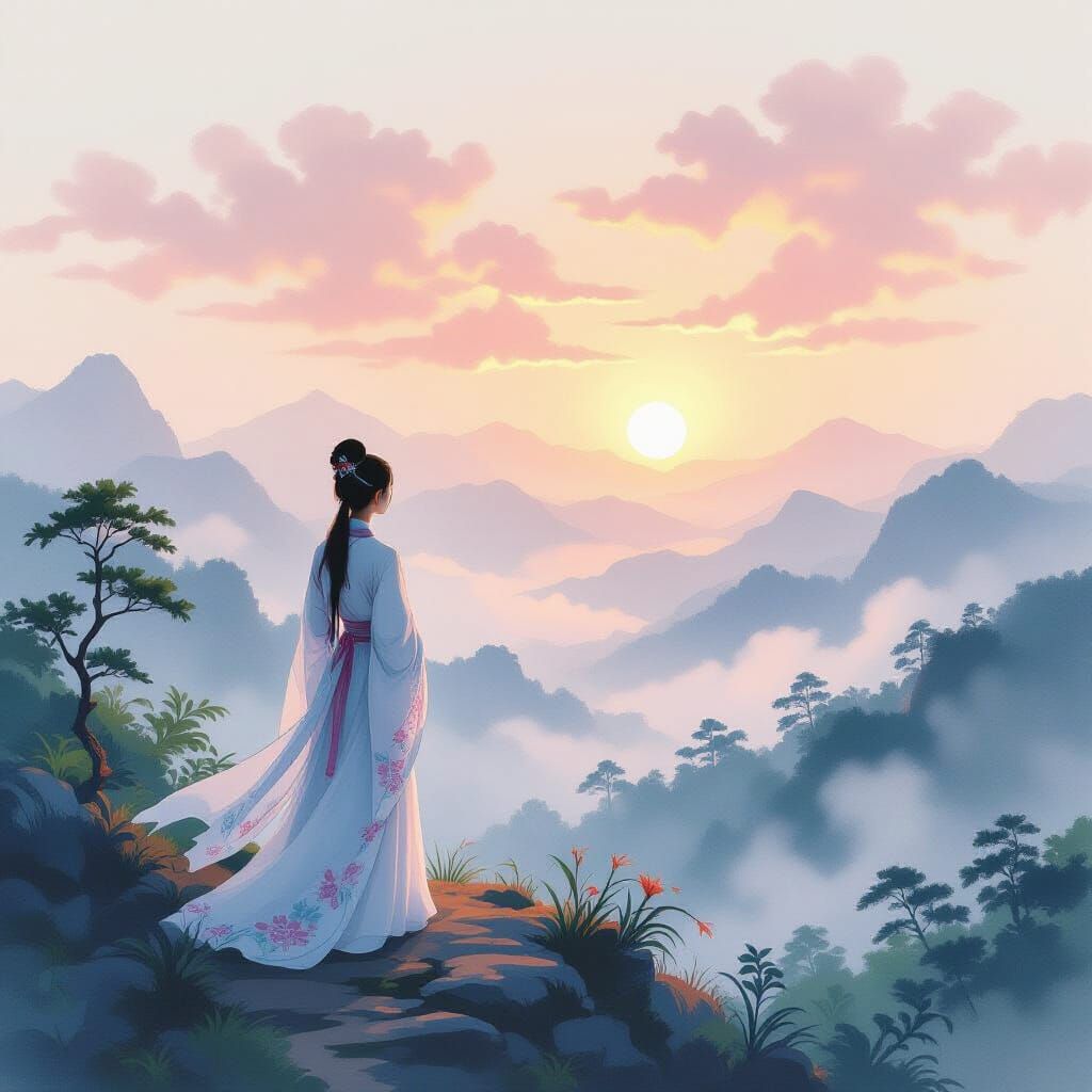Woman in Áo Dài Gazing at Sunrise, Fine Art