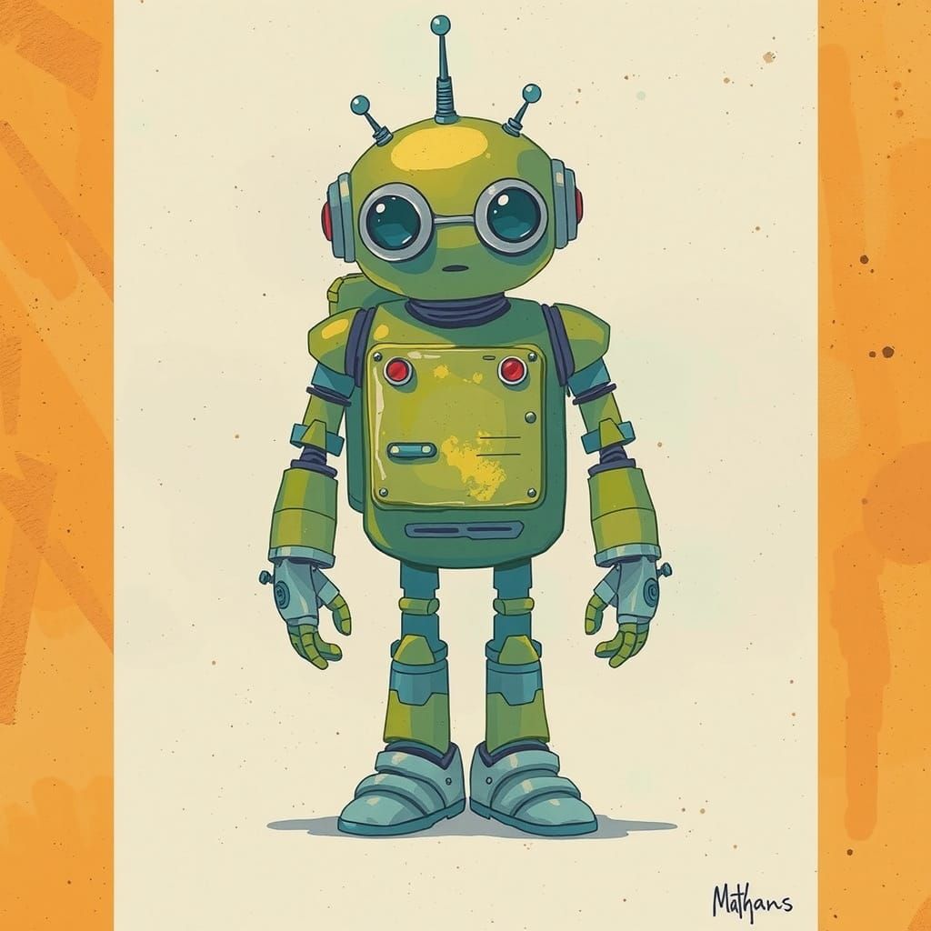 Cheerful Android with Three Eyes on Spaceship