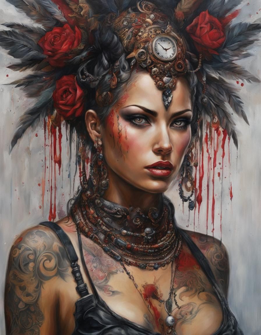 Feral Woman Portrait in Bloodsplash-Punk Style