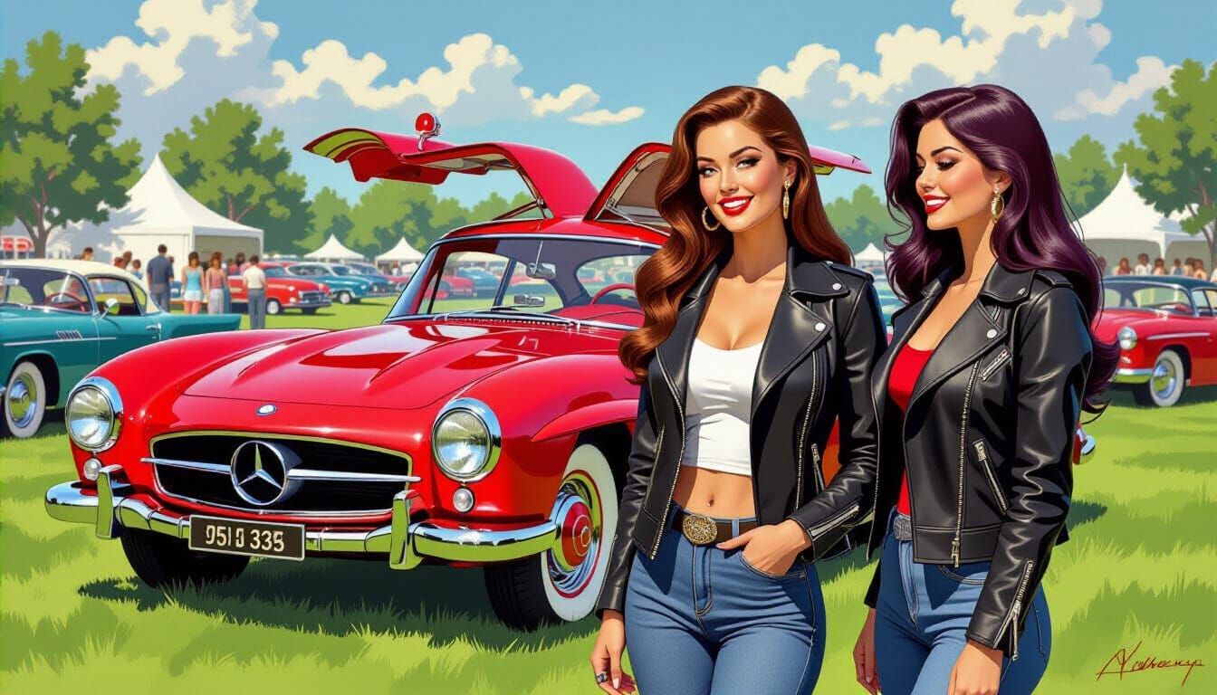 Glamorous Pinups Admire Classic Mercedes Gullwing