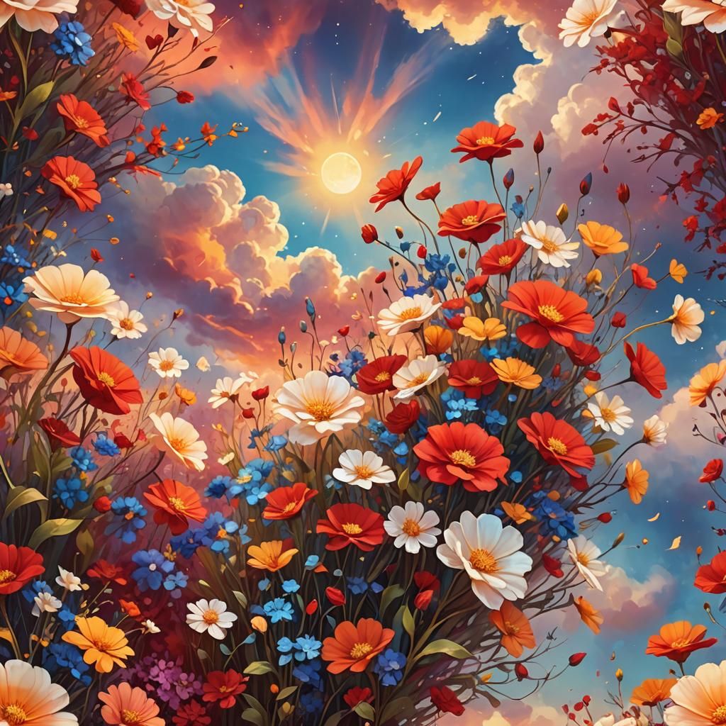 Fantasy Flowers Float in Red Sky: Digital Matte Painting