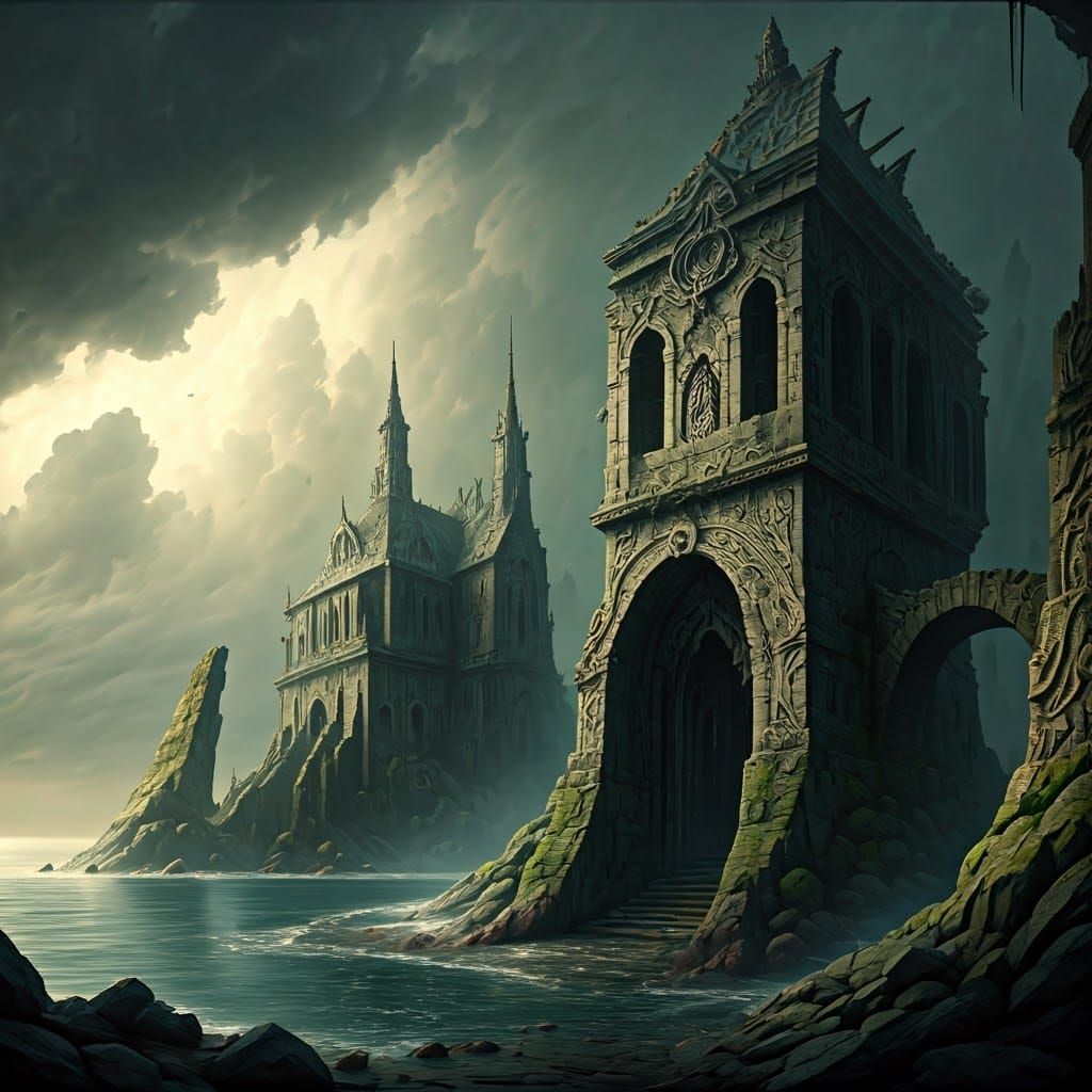 Fantastical Coastal Village in Warm, Eerie Silvery Grey