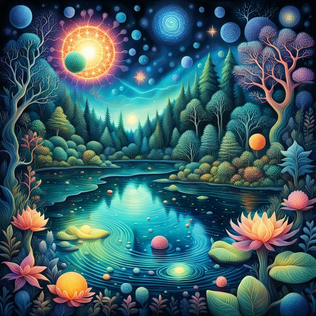 Surreal Lake with Astral Elements, Digital Illustration