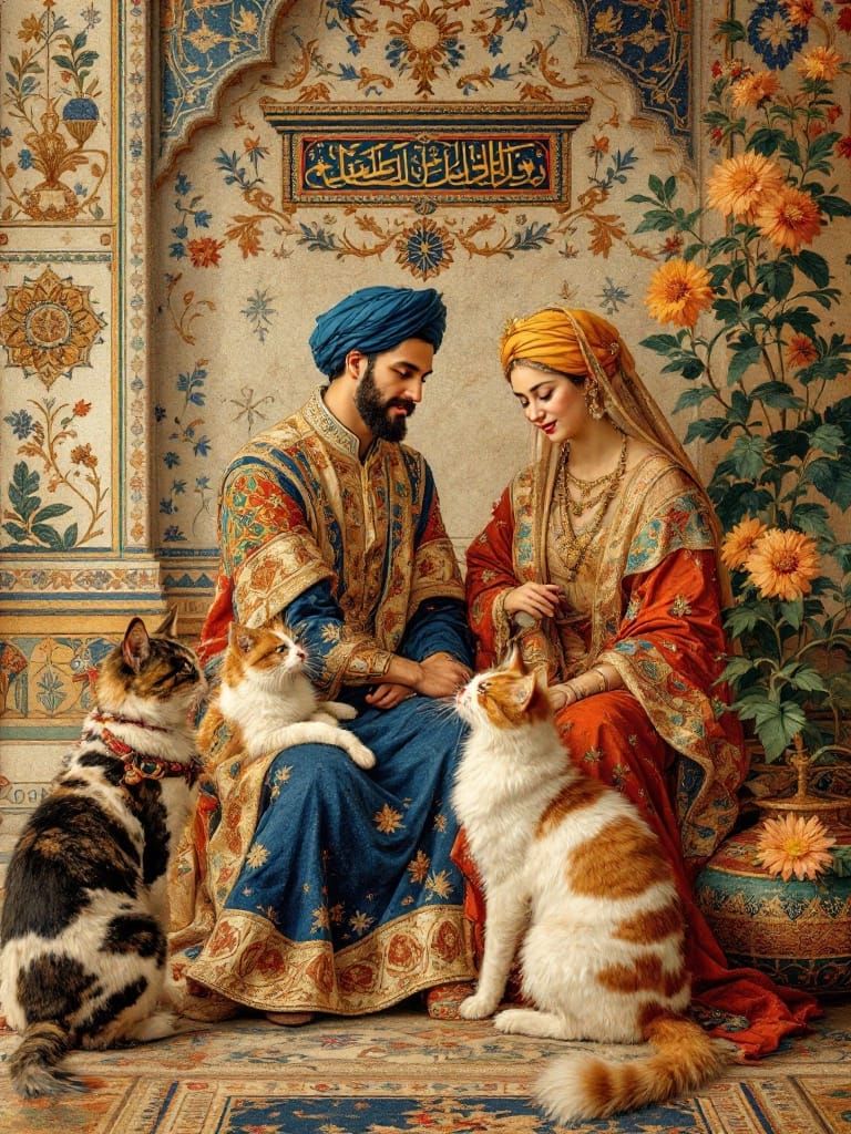 Peaceful Ottoman Scene of Cats and Dogs in Regal Splendor
