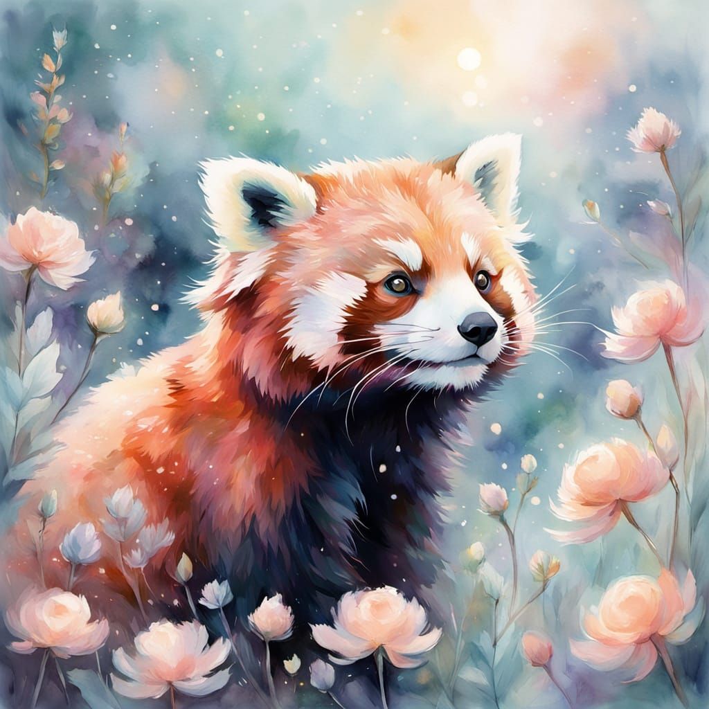 Whimsical Red Panda in Cosmic Watercolor Dreamscapes