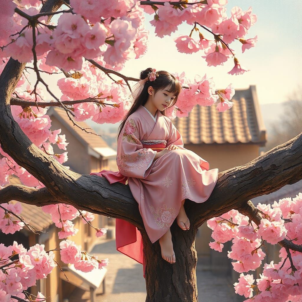 Girl in Kimono in Japanese Village, Vibrant Oil Painting