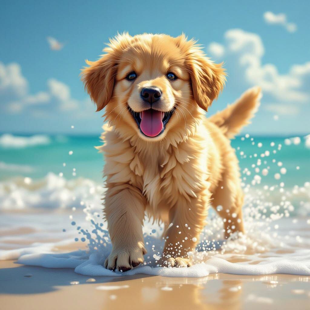 Joyful Golden Retriever Puppy on Sun-Drenched Beach