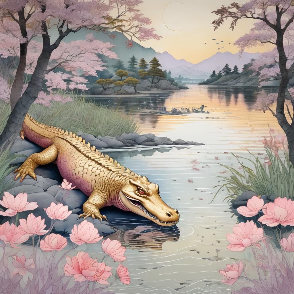 Japanese Alligators in Ukiyo-e Style with Gold Sun