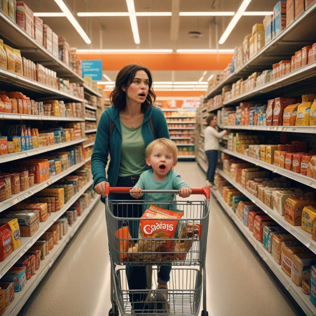 Chaotic Supermarket Scene: A Family Shopping Trip