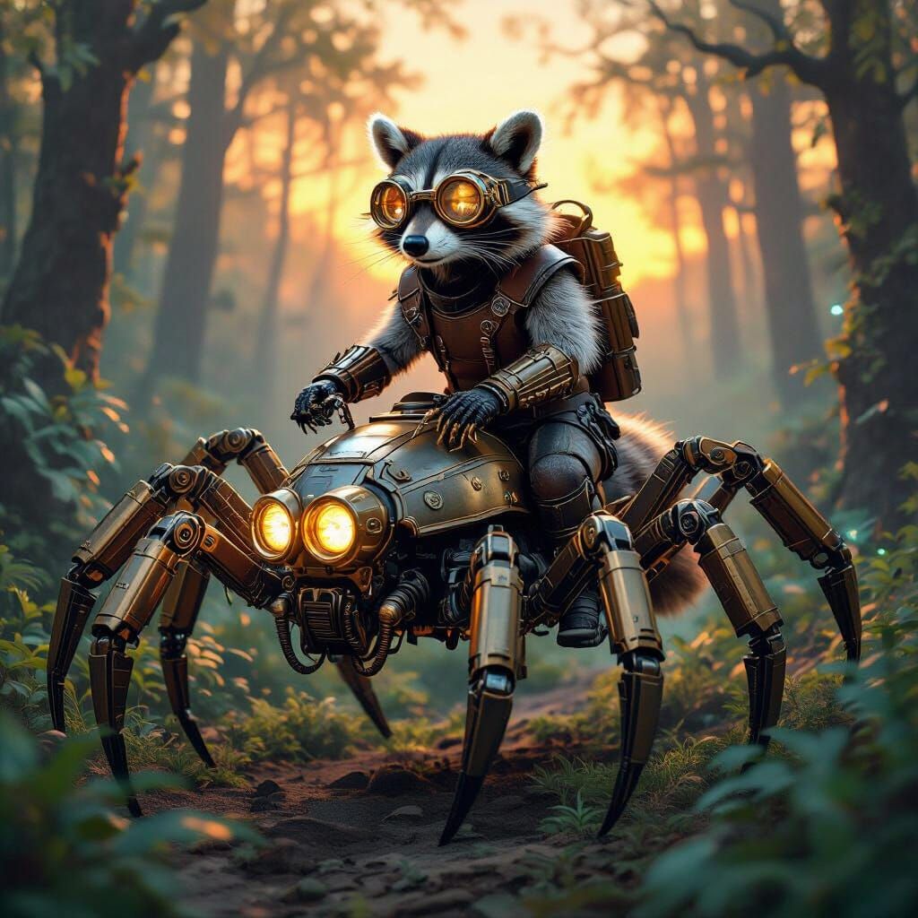 Steampunk Raccoon on Robotic Spider in Bioluminescent Forest
