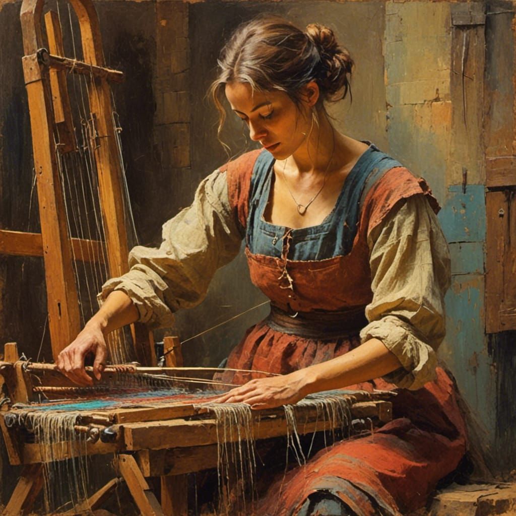 Maiden at Loom in Oil Chalk Painting Style