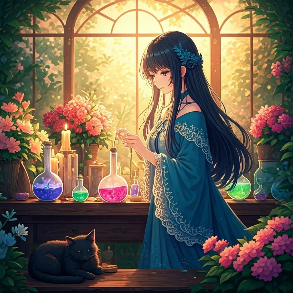 Anime Sorceress Mixing Potions in Greenhouse Laboratory