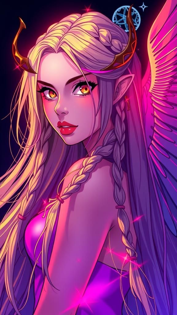 Mystical Anime Woman with Angelic and Demonic Features