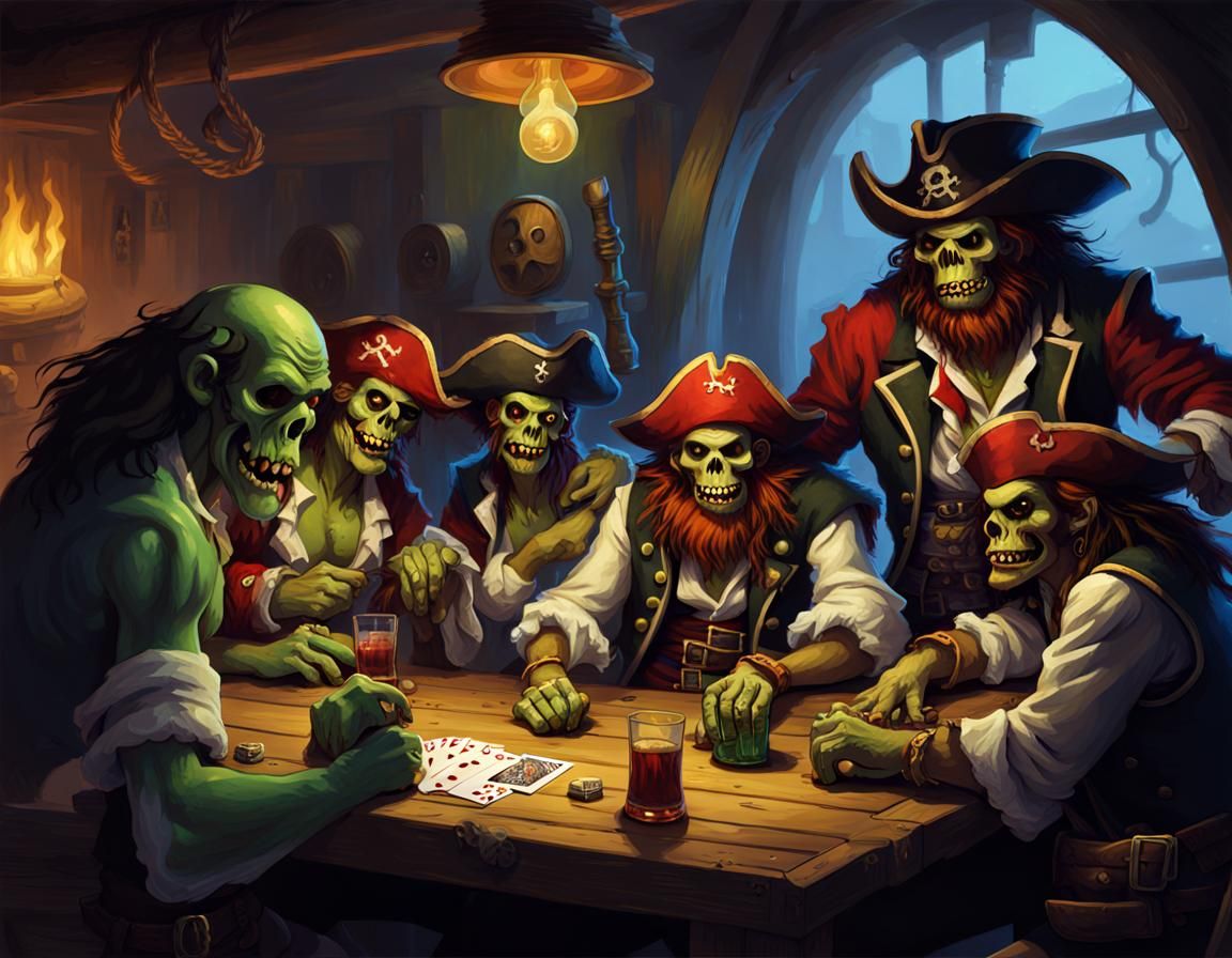 Undead Pirates Play Cards in Tavern, Digital Art