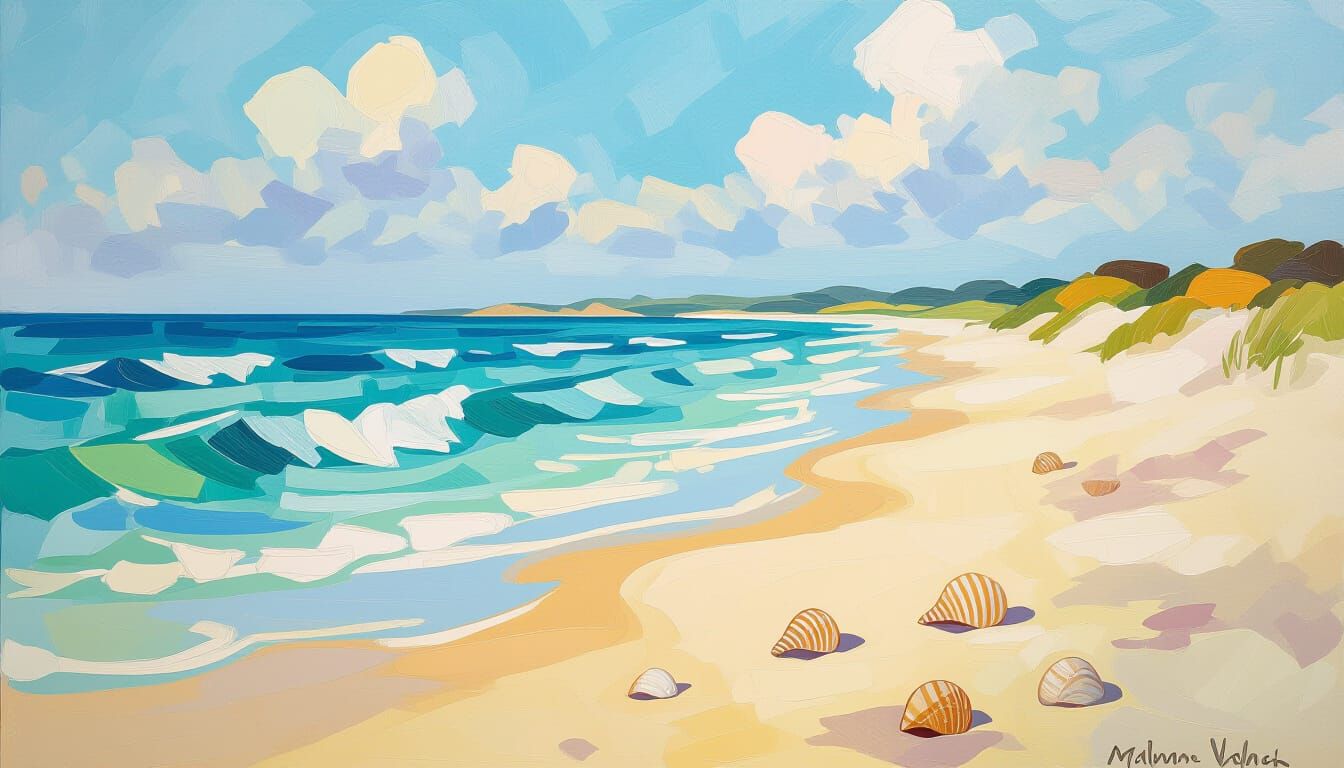 Tranquil Beach Scene with Seashells and Dunes