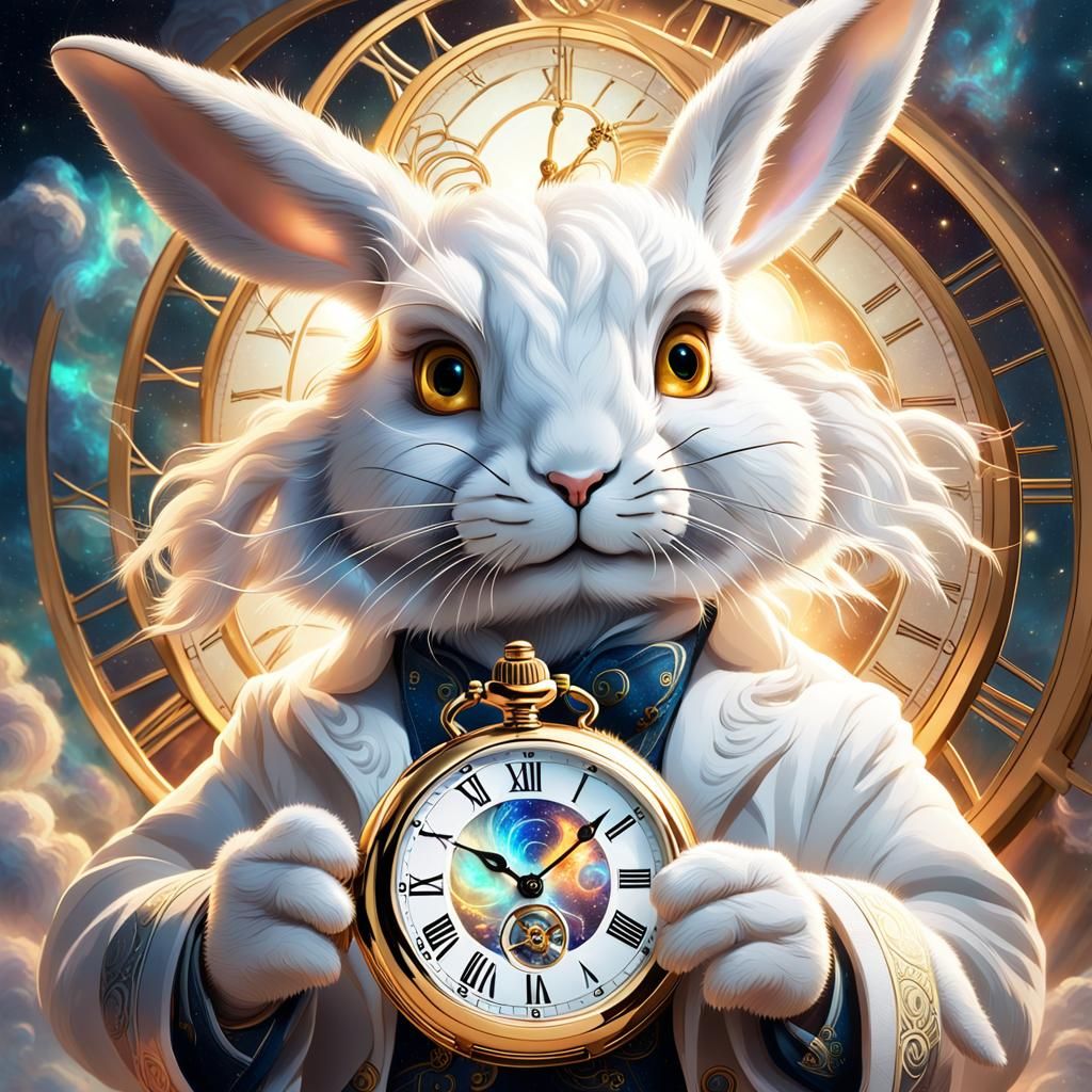 Surreal White Rabbit Portrait with Glowing Pocket Watch