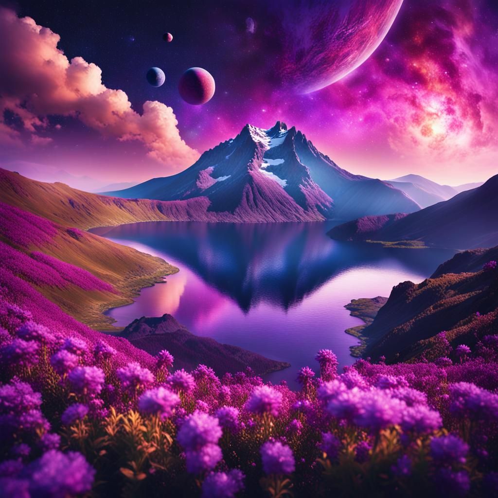 Ethereal Mountain Paradise with Vibrant Planets and Flowers