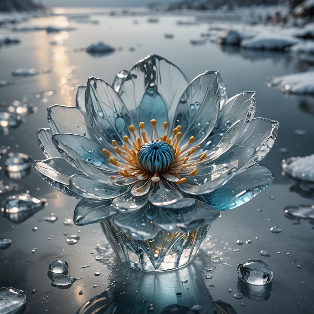 Icy Blue Glass Flower on Ice River