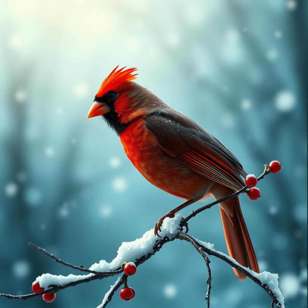 Cardinal in Winter Forest with Magic Dust