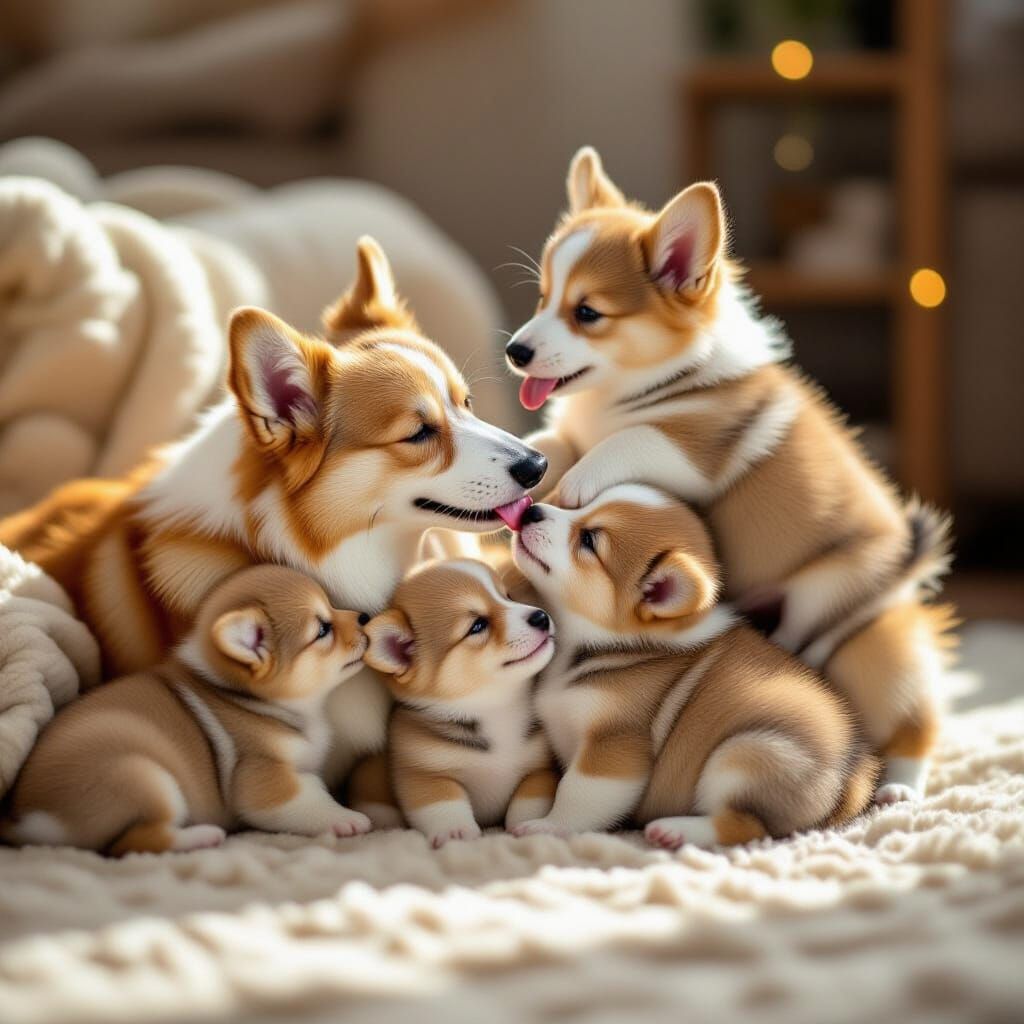 Heartwarming Corgi Mother and Pups in Sunlit Living Room