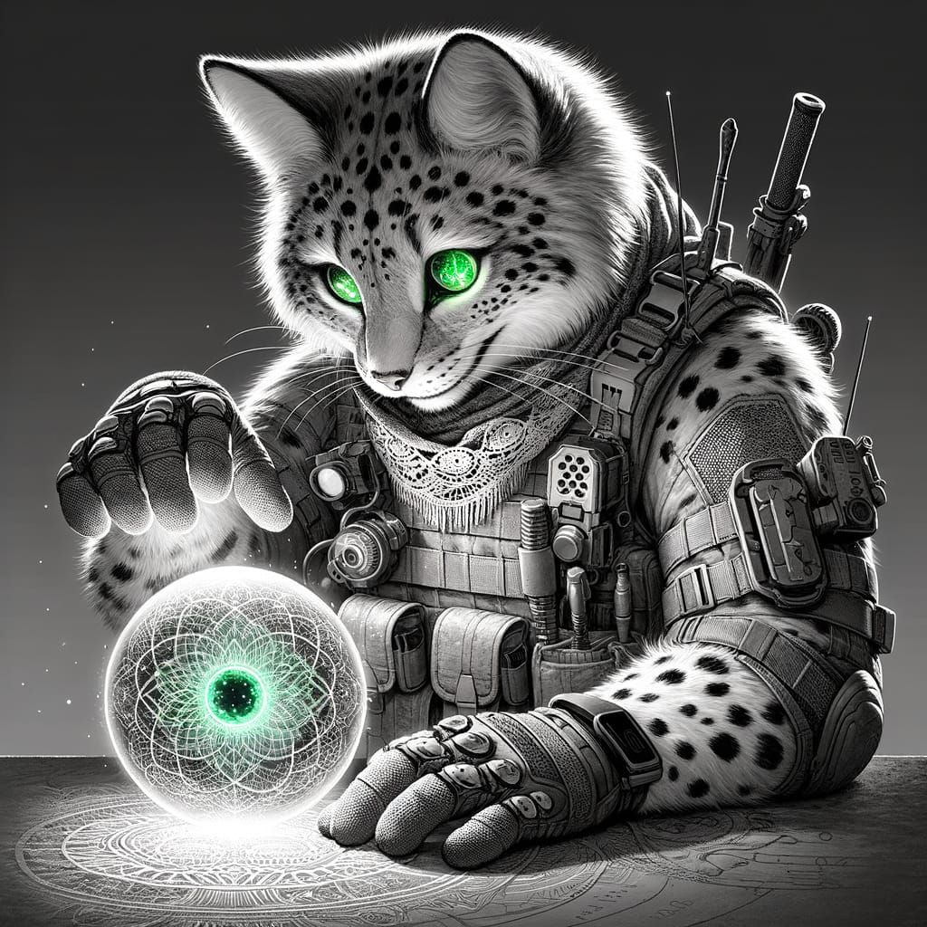 Monochrome Cat in Tactical Gear Performs Magic Trick with Gl...