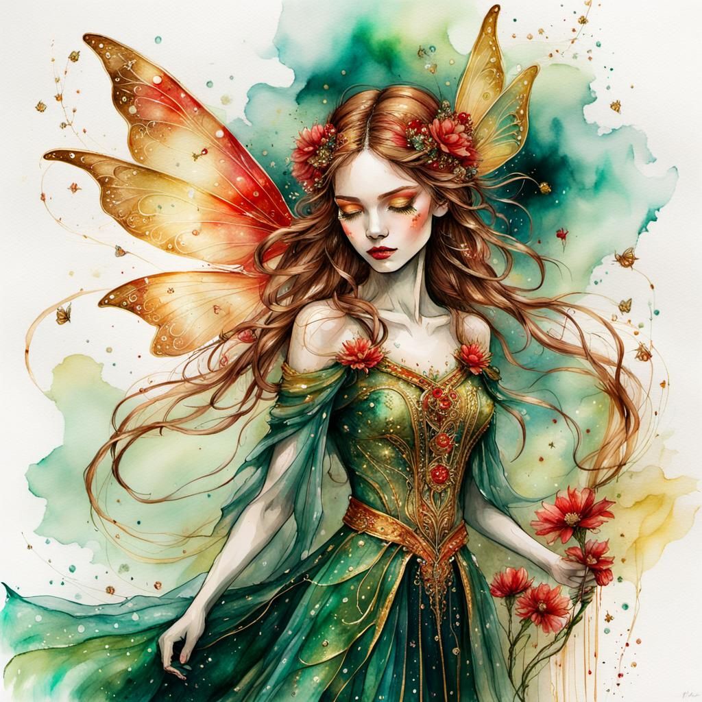 Scarlet and Gold Fairy in Flowing Gown