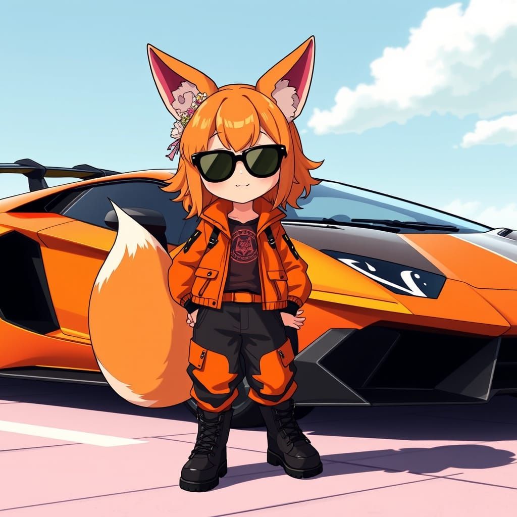 Chibi Anime Girl in Orange Lamborghini