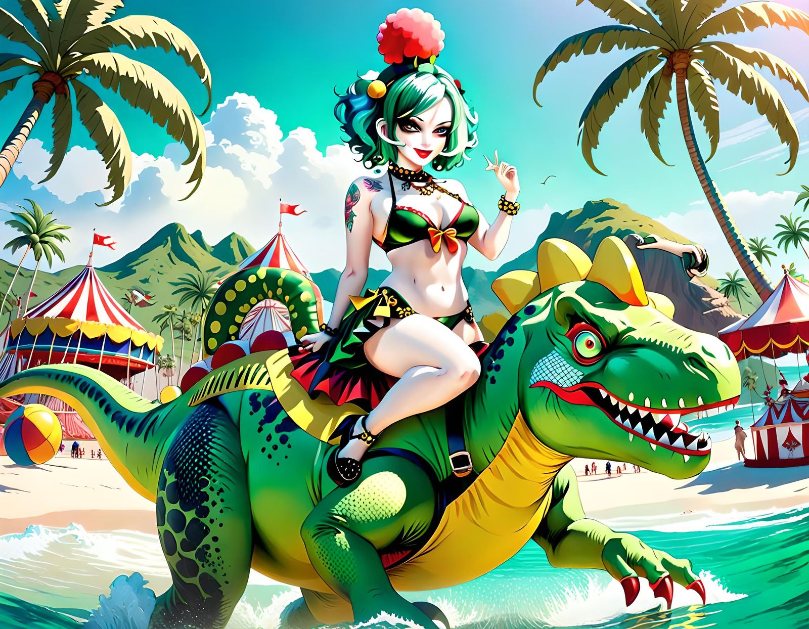 Woman with green hair, circus clown-themed bikini, riding a dinosaur