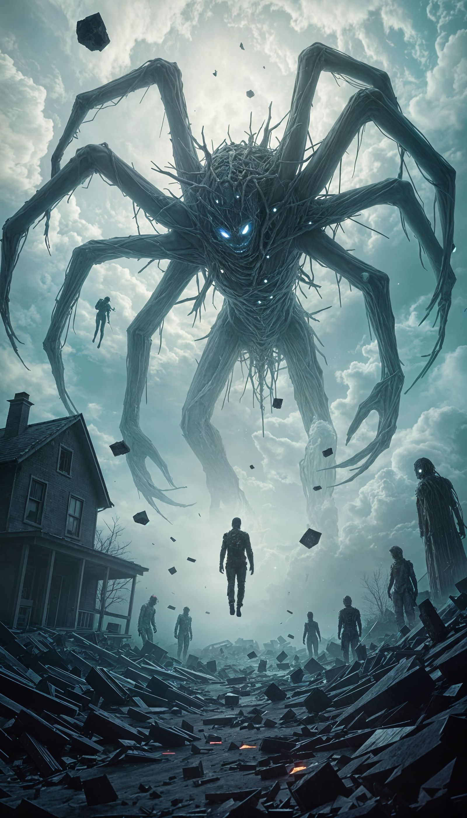 Astral Horror: Figure Amidst Floating House Debris