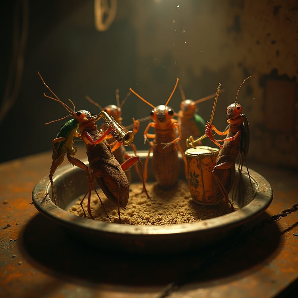 Bugs Perform Jazz in a Golden Food Pan