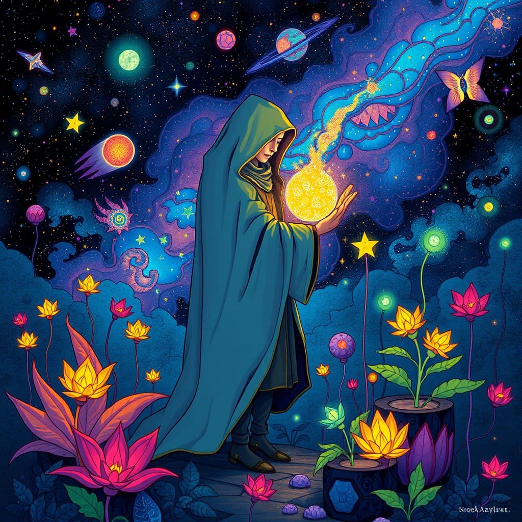 Cosmic Gardener in Starry Galaxy Art