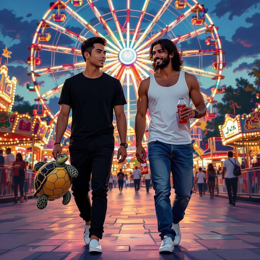 Men Walking in Amusement Park in Splash Art Style