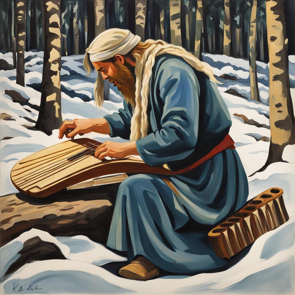 Väinämöinen Plays Kantele in Gouache Style