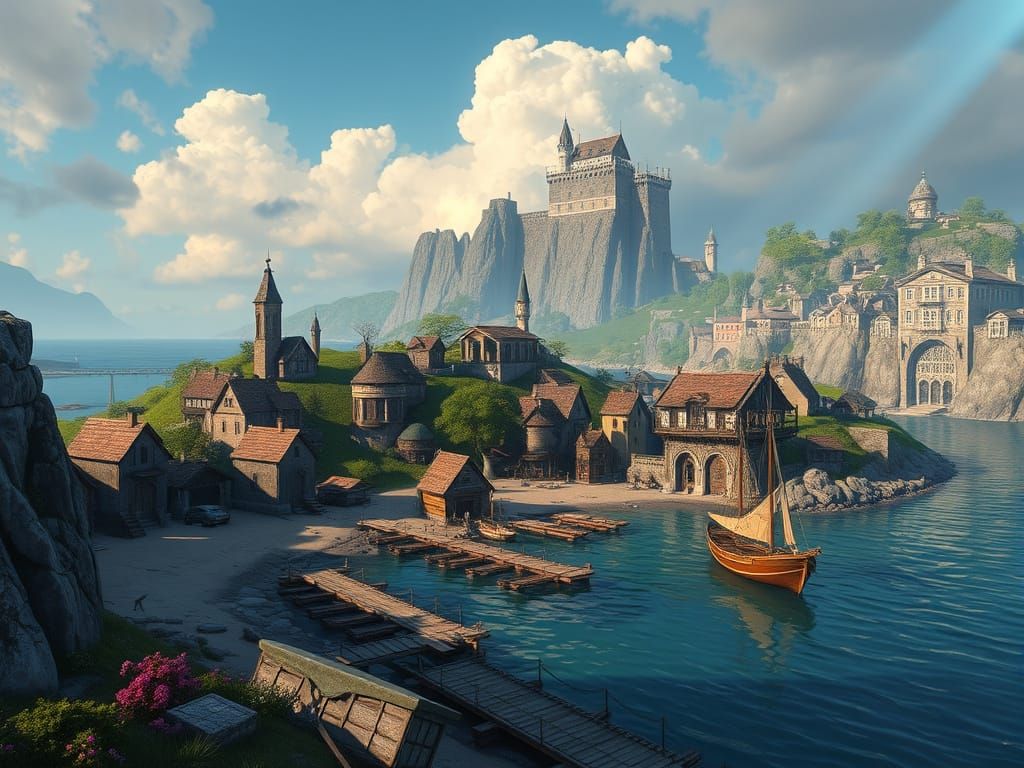 Vibrant Coastal Village at Sunset in Fantasy Style