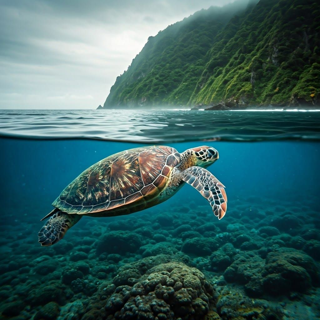 Underwater Turtle with Rugged Coastline: Cinematic Film