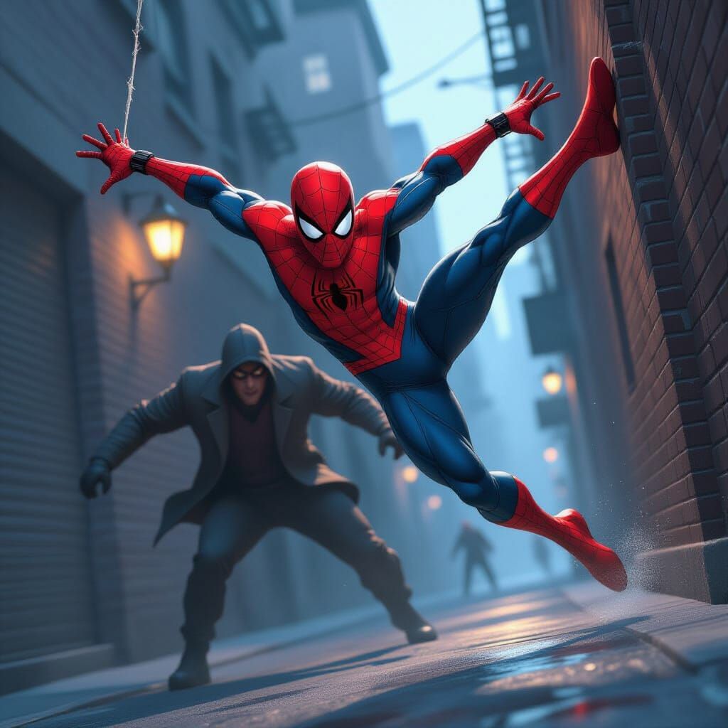 Spiderman's Dynamic Backflip in Dark Alleyway Digital Art