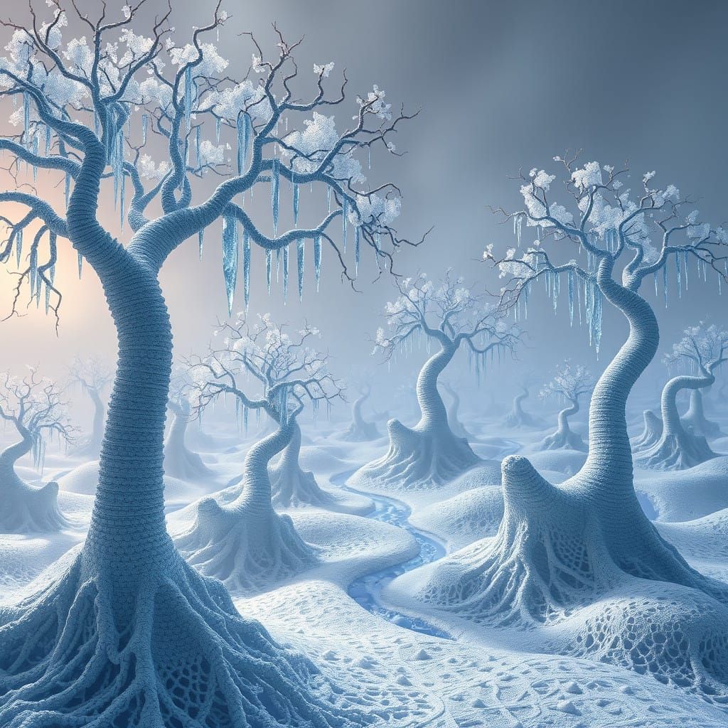 Surrealist Dreamscape with Crocheted Lace and Twisted Trees