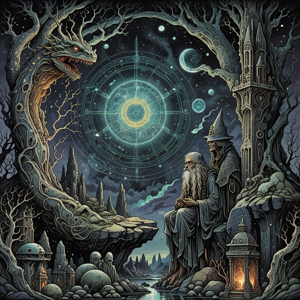 Occult Newt and Monoliths in Grim Cosmic Illustration