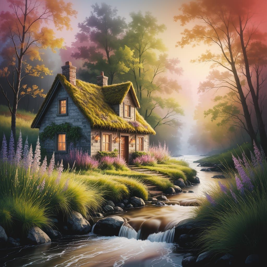 Watercolor Cottage by River with Wildflowers