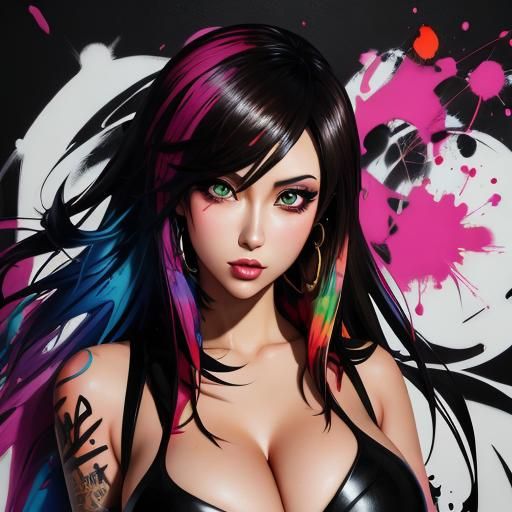 Brunette Anime Girl in Colorful Graffiti Art