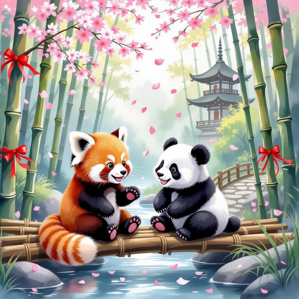 Cute Panda Cubs Play in Bamboo Forest, Watercolor