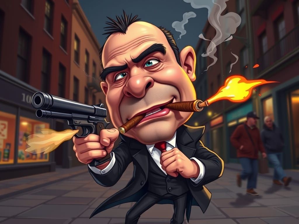 Animated Gangster Caricature with Oversized Gun